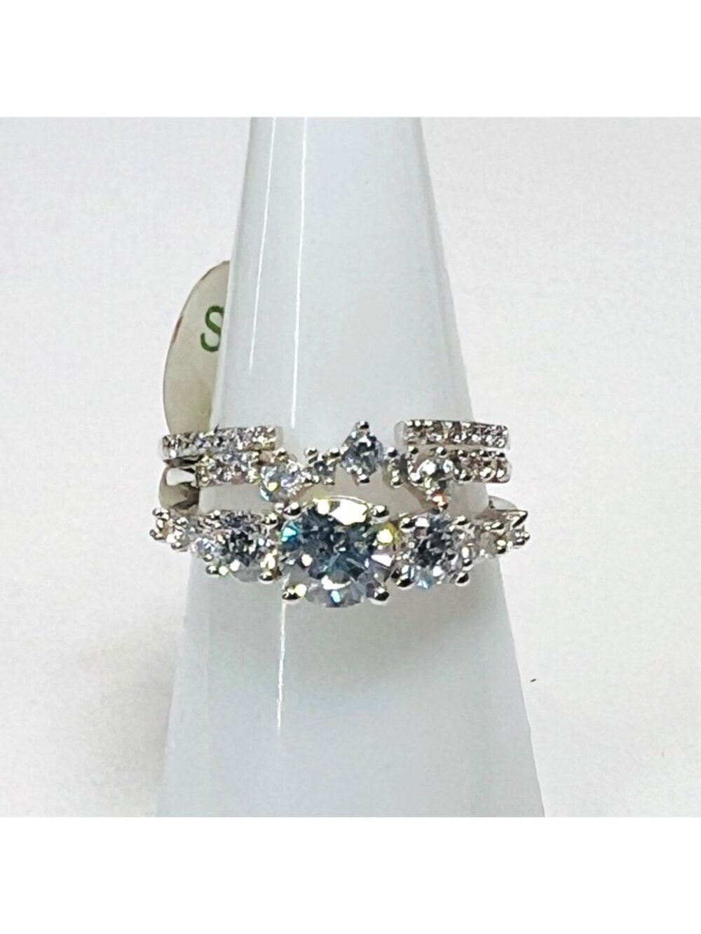 Ring Bomb Party Ring,  sz8 clear stones, silver color band 3 band set